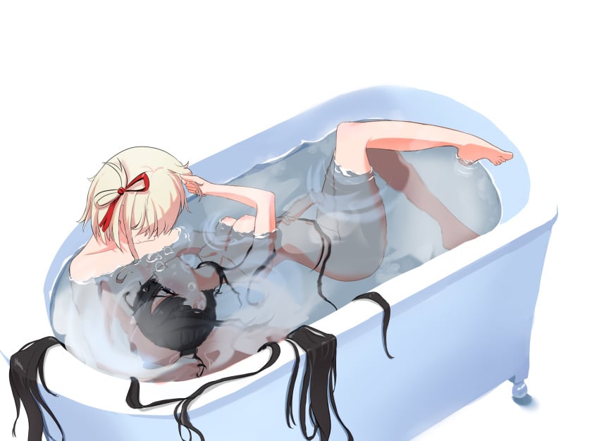2girls bathtub female inoue_takina lycoris_recoil marima666_(artist) multiple_girls nishikigi_chisato partially_submerged submerged yuri