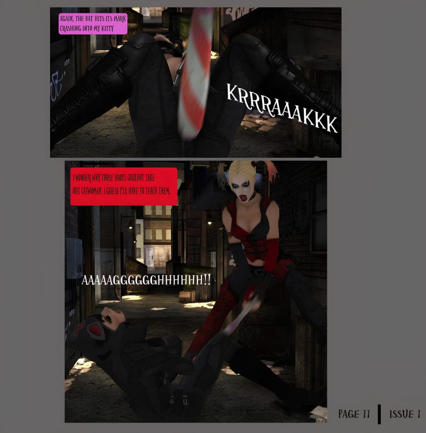 2girls 3d alstair2 batman:_arkham_city batman_(series) catwoman catwoman_(arkham) catwoman_(arkham_city) comic comic_page cuntbusting dc dc_comics harley_quinn harley_quinn_(arkham) harley_quinn_(arkham_city) low_blow multiple_girls selina_kyle