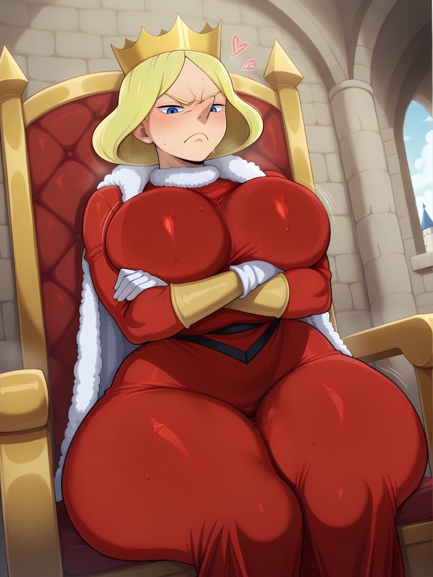 ai_generated angry_expression bare_thighs blonde_hair blue_eyes crown el_memc gigantic_breasts huge_breasts huge_thighs light-skinned_female light_skin massive_breasts mature_female memch0 milf ousama_ranking queen_hilling solo_female squatting sweat sweatdrop thick_body thick_female thick_thighs thighs thighs_bigger_than_head voluptuous voluptuous_female