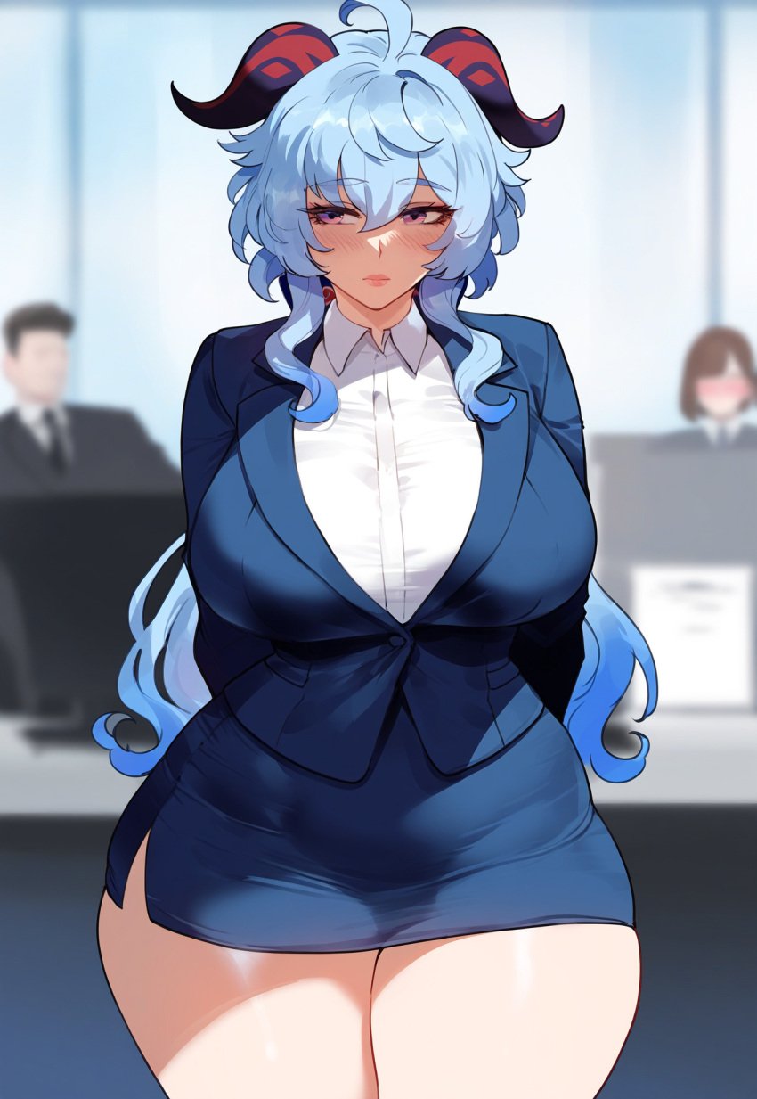 1girls ai_generated big_breasts big_thighs blue_hair blush clothed clothing embarrassed eyebrows eyebrows_visible_through_hair eyelashes female female_focus female_only formal ganyu_(genshin_impact) genshin_impact highres horn horns imminent_sex large_breasts large_thighs lips long_hair looking_away miyuai nai_diffusion office office_lady skindentation solo solo_female solo_focus stable_diffusion standing suit thiccwithaq_(ai_style) thick thick_hips thick_legs thick_lips thick_thighs wide_hips