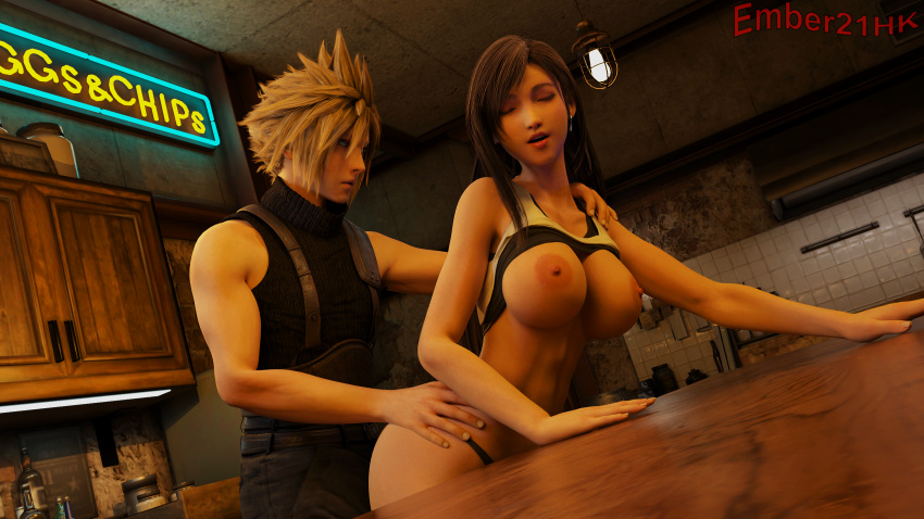 2k 3d 3d_(artwork) ambiguous_penetration areolae bent_over bent_over_table big_breasts black_panties blender blender_(software) blender_cycles blonde_hair brown_hair closed_eyes cloud_strife crop_top dark_brown_hair earring ember21hk enjoying final_fantasy final_fantasy_vii final_fantasy_vii_remake from_behind from_behind_position hand_on_hip hand_on_shoulder hands_on_table hi_res long_hair looking_at_partner male/female male_penetrating_female nipples open_mouth pleasured_face red_lipstick shirt_lift shirt_up short_hair sports_bra sports_bra_lift square_enix tifa_lockhart