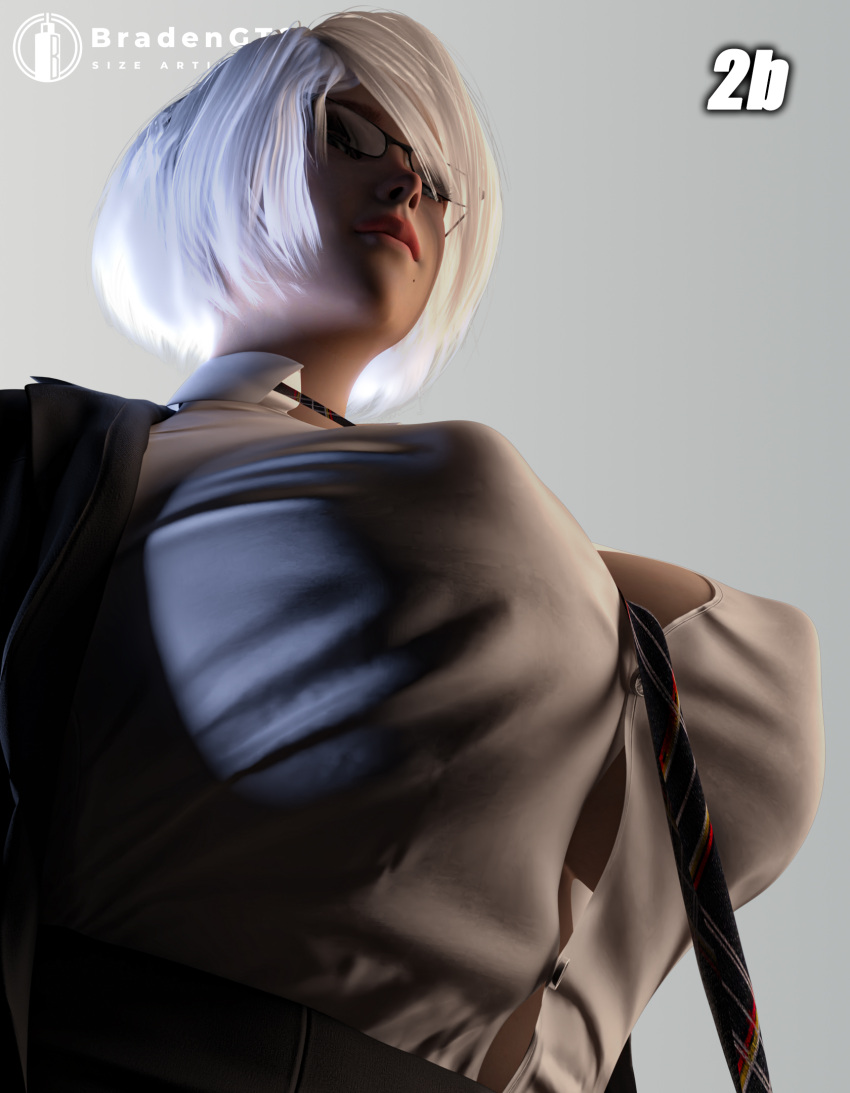 1girls 3d big_breasts bradengts breasts female female_only glasses huge_breasts light-skinned_female light_skin low-angle_view necktie nier nier:_automata office_clothing office_lady shorts solo tie white_hair yorha_2b