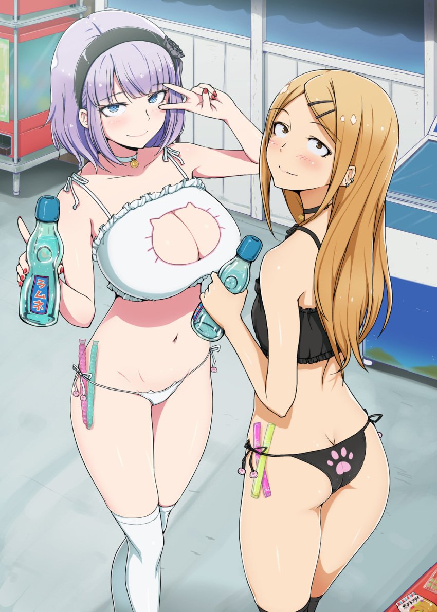 2girls ao_madou-shi ass ass_cleavage bell bell_collar black_bra black_legwear black_panties blue_eyes blush bra breasts brown_hair butt_crack cat_cutout cat_ear_panties cat_keyhole_bra cat_lingerie cleavage cleavage_cutout collar dagashi_kashi earrings endou_saya_(dagashi_kashi) flower hair_flower hair_ornament hairband hairclip highres jewelry jingle_bell kneehighs large_breasts long_hair looking_at_viewer looking_back matching_outfit multiple_girls nail_polish outdoors panties purple_hair ramune red_nails revision rose shidare_hotaru short_hair smile standing thighhighs underwear v white_bra white_legwear white_panties