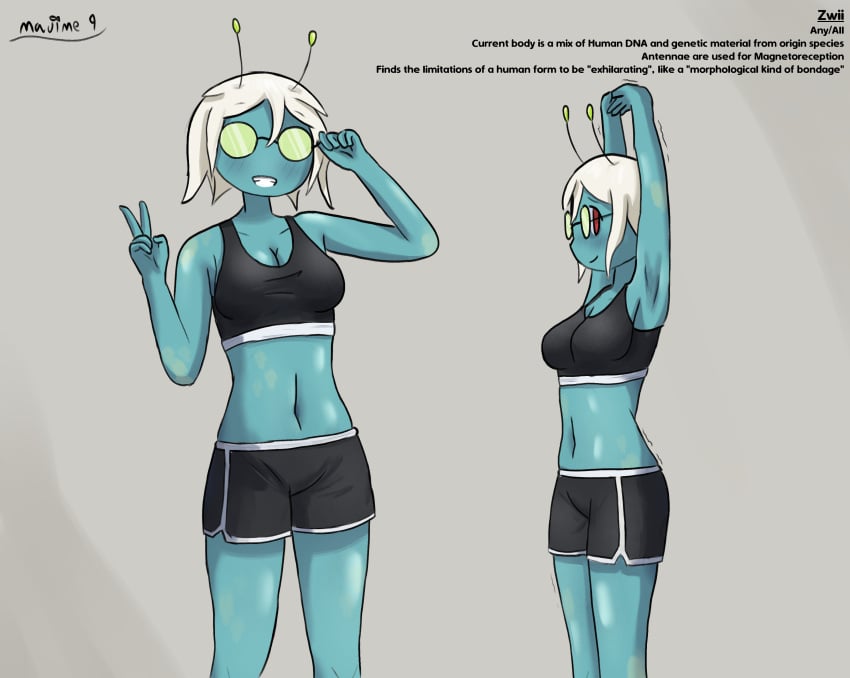 1female 1girls alien alien_girl alien_humanoid alien_look_like_human alien_only antennae armpits black_legwear black_top blue_skin circular_glasses cleavage crop_top glasses holding_glasses majime_98899 medium_breasts midriff midriff_baring_shirt midriff_showing navel navel_line nerdy_female oc opaque_glasses original_character peace_sign red_eyes short_hair shorts simple_background smile smiling smiling_at_viewer sports_bra sportswear stretching teal_body teal_skin thick_thighs tight_clothes tight_clothing tight_fit white_hair