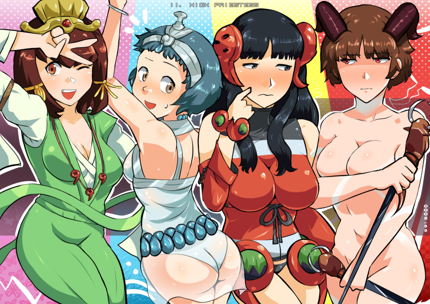 4girls alternate_costume amagi_yukiko ass clothed clothed_female clothing coca costume covered_nipples covering_crotch embarrassed embarrassed_female embarrassed_nude_female fully_clothed fully_clothed_female fuuka_yamagishi lineup maki_sonomura makoto_niijima nude nude_female persona persona_1 persona_3 persona_4 persona_5 priestess_arcana trait_connection