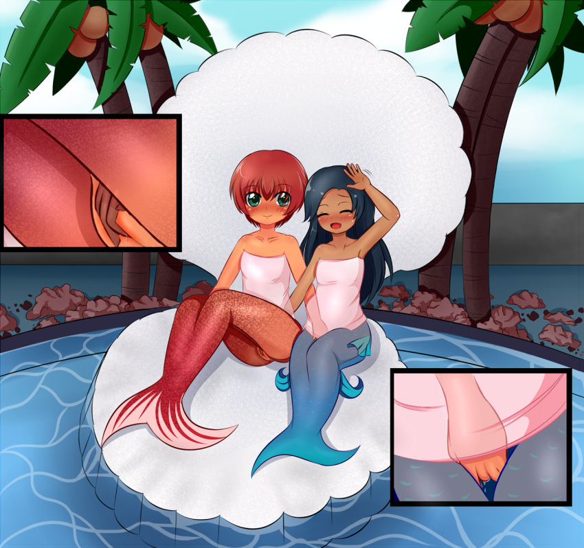 2girls 2kaze blush clothing coconut coconut_tree female female_only fingering fingering_each_other fingering_partner fingering_pussy fingering_under_clothes hair have_to_pee hiding hiding_face holding_crotch inside_view keily mermaid mermaid_tail mi'ara multiple_girls omorashi original outdoors palm_tree png pool posing pussy see-through_clothing sitting swimming_pool touching_pussy tree water yuri