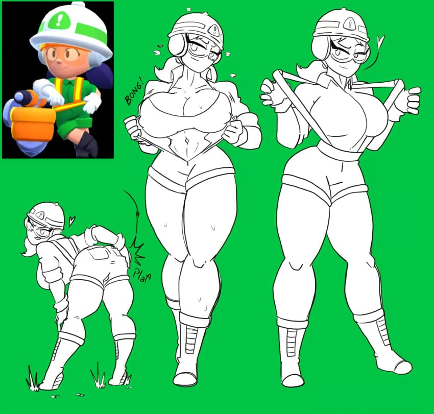 1girls ass bra brawl_stars constructor_jacky_(brawl_stars) helmet jacky_(brawl_stars) large_breasts slapping_butt solo undressing