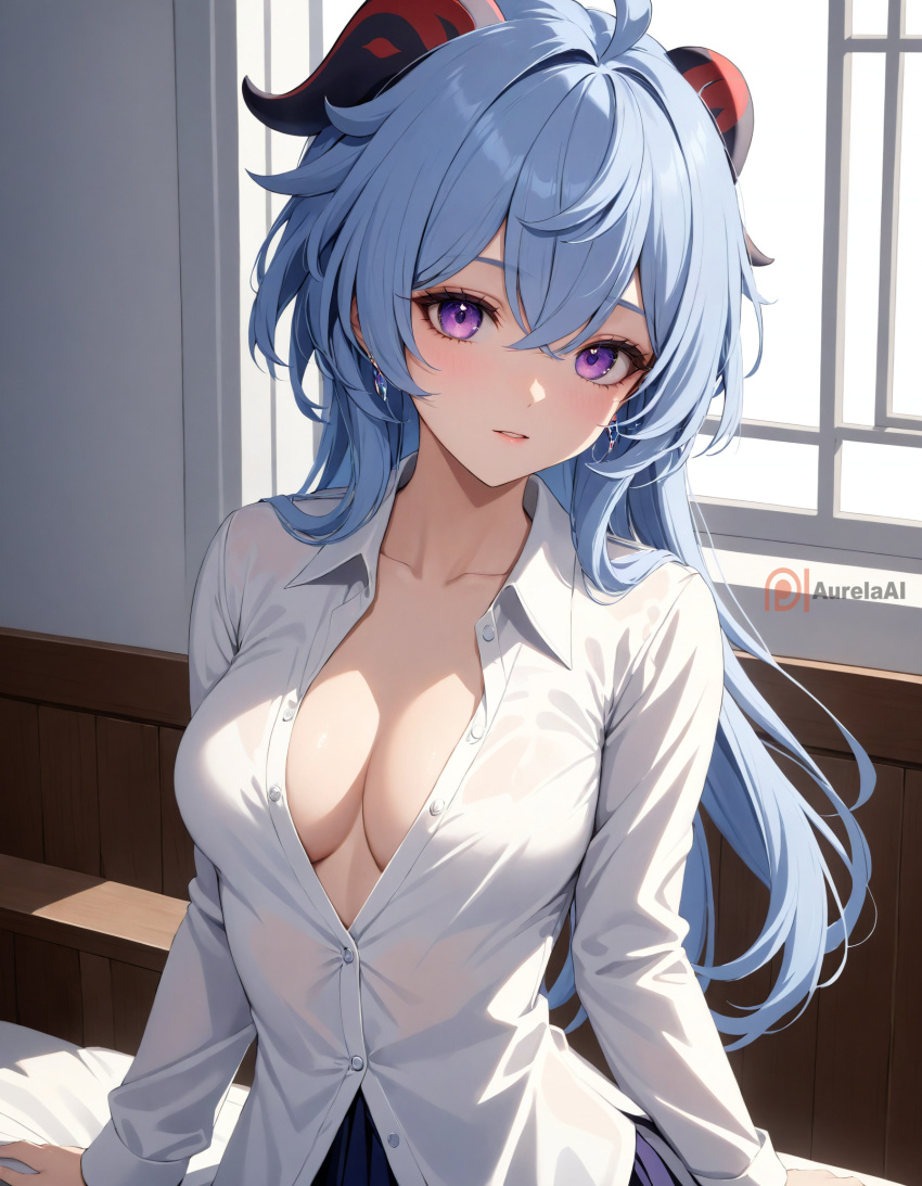 1girls ai_generated aurelaai bangs blue_hair blue_skirt blush breasts cleavage collarbone collared_shirt ganyu_(genshin_impact) genshin_impact hair_between_eyes large_breasts long_hair looking_at_viewer medium_breasts purple_eyes shirt sidelocks skirt sleeves solo stable_diffusion upper_body white_shirt