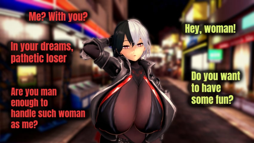 1boy 1boy1girl 1girls 3d 3d_(artwork) 3d_model alley alleyway azur_lane big_boobs big_breasts black_and_white_hair black_hair black_pov boobs breasts brunhilde_(azur_lane) clothed clothed_female dialogue eleanor_ntr english english_text eyelashes female female_focus hand_behind_head huge_boobs huge_breasts imminent_rape imminent_sex koikatsu large_breasts male male/female male_pov multicolored_hair nipples nipples_bulge nipples_visible_through_clothing pov pov_male red_eyes red_eyes_female red_text text white_and_black_hair white_hair yellow_text