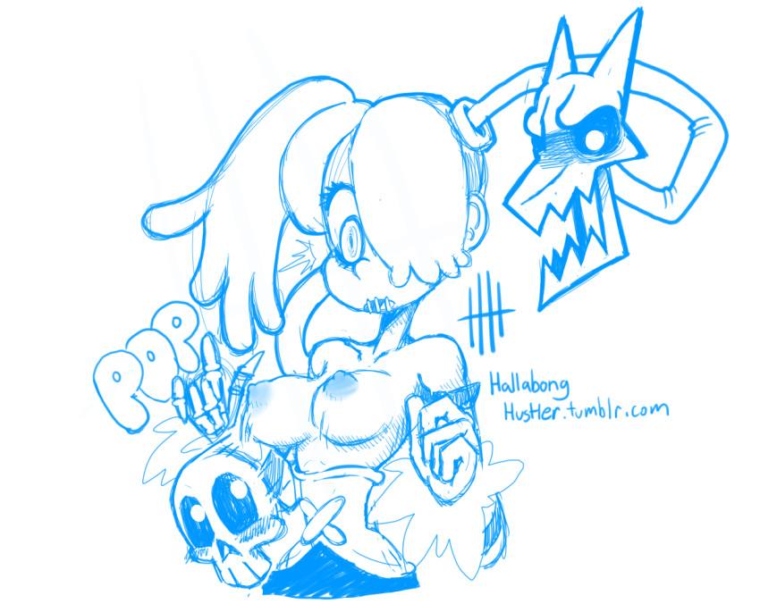 alternate_breast_size big_breasts hallabong_hustler leviathan_(skullgirls) monochrome nipples sketch skullgirls squigly wardrobe_malfunction white_background zombie