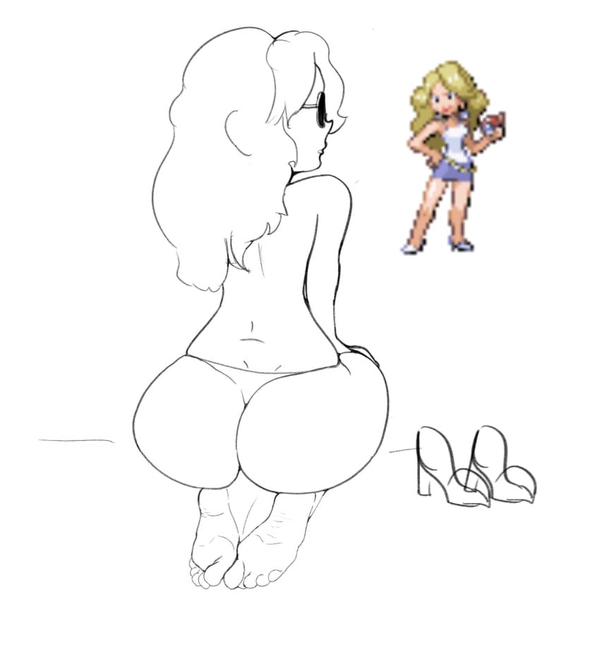 1girls ass barefoot beauty_(pokemon_frlg) big_ass dummycervine feet female foot_fetish from_behind heels_removed nintendo on_knees pokemon pokemon_frlg presenting_feet presenting_hindquarters sitting sketch soles solo_female sunglasses topless white_background wrinkled_soles