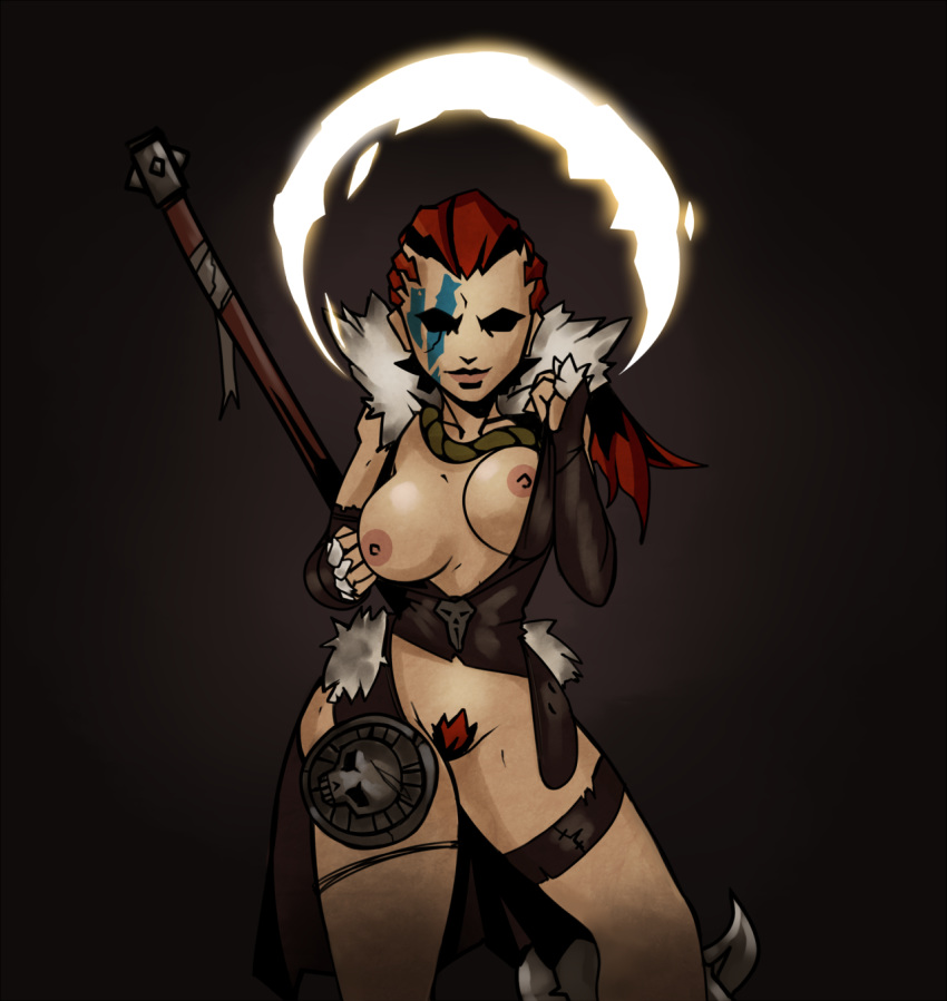 1girls breasts darkest_dungeon detached_sleeves face_tattoo female fur_trim glaive hellion_(darkest_dungeon) holding_polearm holding_weapon large_breasts lewdreaper light-skinned_female light_skin long_hair necklace nipples obscured_eyes open_clothes partially_clothed polearm ponytail pubic_hair red_hair shadowed_eyes smile solo tattoo thigh_strap voulge war_paint weapon weapon_on_back