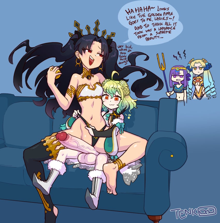 1boy 3girls :3 astraea_(fate) balls ballsack bare_shoulders black_hair black_panties black_stocking blonde_hair blue_hair clothed clothed_female clothed_male clothing cock dick earrings english english_text fate/grand_order fate_(series) female femboy gold_apple golden_apple green_hair holding_apple huge_cock huge_dick huge_penis imminent_rape imminent_sex ishtar_(fate) light-skinned_female light-skinned_male light_skin light_skinned_female light_skinned_male long_hair male midriff navel orange_eyes panties paris_(fate) paris_(greek_mythology) parvati_(fate) penis pulling_panties purple_eyes purple_hair red_eyes reverse_cowgirl_position small_breasts small_but_hung speech_bubble stocking text text_bubble thetenk twintails two_tone_hair yellow_eyes