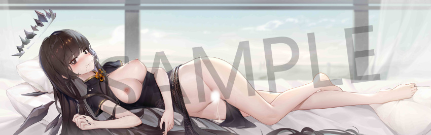 absurdres after_fellatio after_sex after_vaginal ahoge alternate_costume arknights arm_rest bare_hips bare_legs barefoot bed_sheet black_dress black_eyes black_hair black_halo black_nails black_wings blue_sky blurry blurry_background blush breasts breasts_apart breasts_out bright_pupils broken_halo censored china_dress chinese_clothes chinese_commentary cleavage_cutout closed_mouth clothing_cutout cloud cloudy_sky colored_inner_hair commentary_request crossed_legs cum cum_in_mouth cum_on_clothes cumdrip dakimakura_(medium) dark_halo day depth_of_field detached_wings dress energy_wings eyelashes female fingernails from_side full_body furrowed_brow grey_hair groin hair_flowing_over hair_spread_out half-closed_eyes halo head_on_pillow high_collar highres incredibly_absurdres indoors knees large_breasts legs light_smile lips long_hair looking_at_viewer looking_to_the_side lying multicolored_hair nail_polish navel nipples no_panties nose_blush on_bed on_side pale_skin pelvic_curtain pillow puffy_nipples sample_watermark saw272 shadow short_sleeves side_slit sidelocks sky solo stomach stray_pubic_hair sweat thighs toenail_polish toenails toes two-tone_hair variant_set very_long_hair virtuosa_(arknights) watermark white_pupils wide_hips window wings