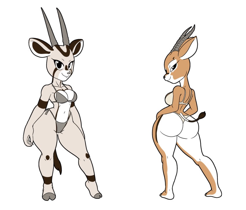 2018 2girls antelope antelope_ears antelope_horn antelope_horns antelope_humanoid anthro ass big_ass big_butt bikini bikini_bottom bikini_top brown_body cheeks gazelle grey_body grey_skin hooves horn horns huge_ass huge_butt large_ass large_butt looking_at_viewer looking_back multiple_girls sketches tail tansau thong voluptuous voluptuous_anthro voluptuous_female