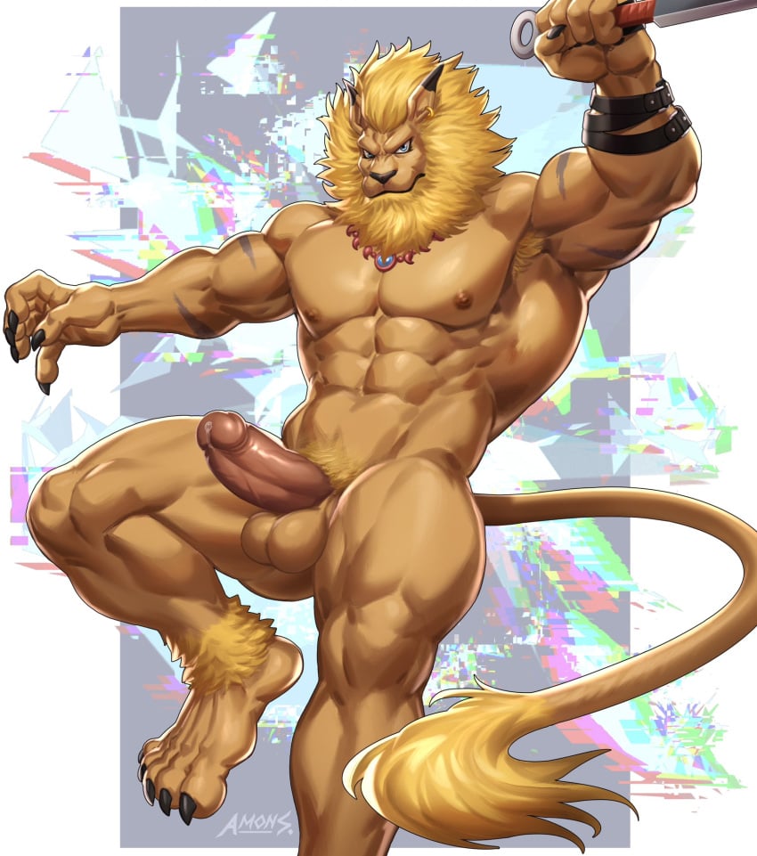 abs amonsyd anthro balls bandai_namco blonde_hair clawed_fingers claws digimon digimon_(species) ear_piercing ear_ring erection genitals hair hi_res knife leomon male male_only muscular muscular_anthro nipples nude pecs penis piercing pubes ring_piercing solo toe_claws