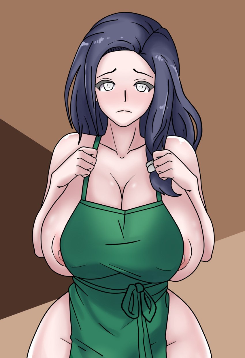 andaron_saga apron apron_only astrid_(andaron_saga) barista big_areola big_thighs black_hair blind employee employee_uniform frown grayside huge_breasts long_hair starbucks