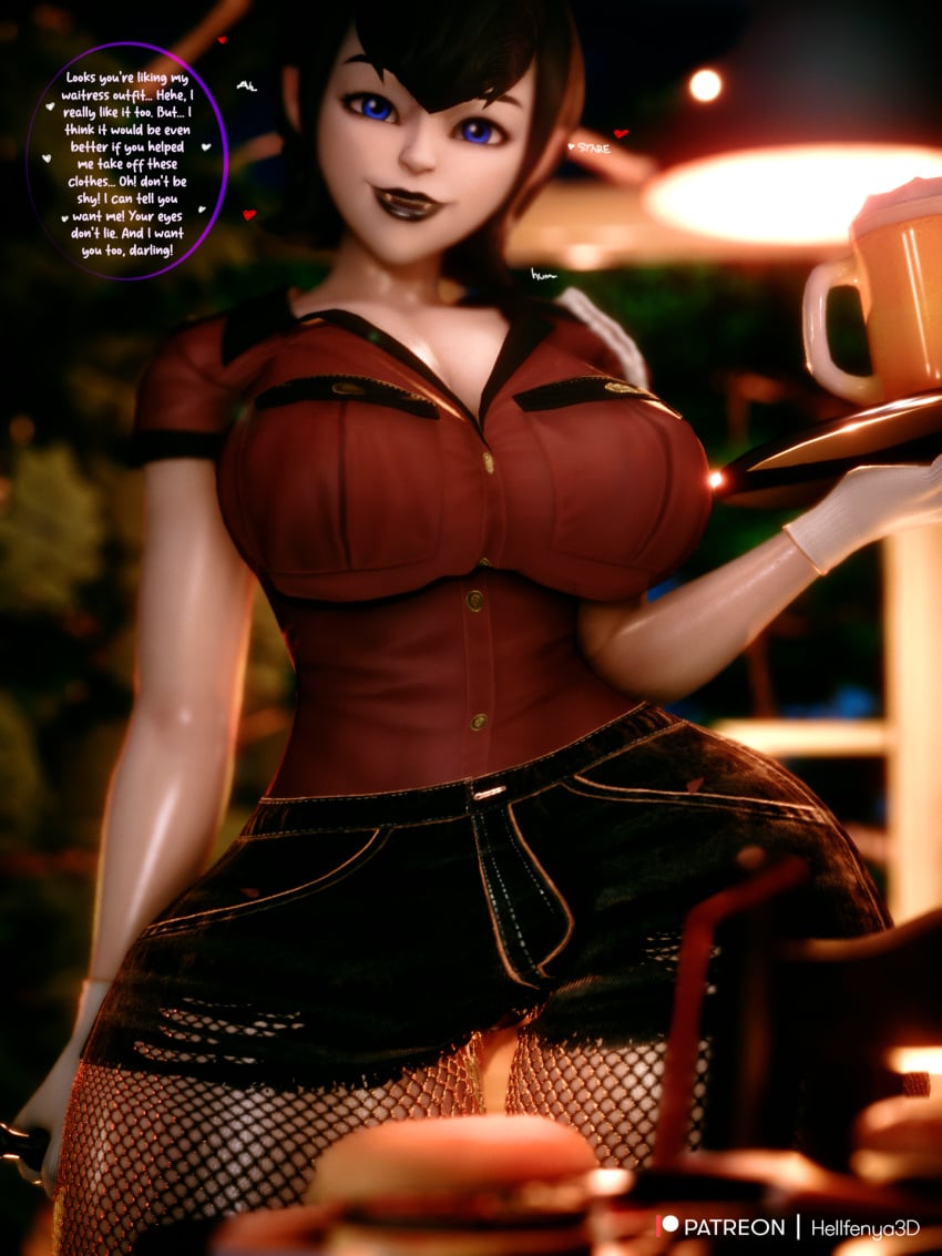 beer beer_glass big_ass big_breasts big_butt big_thighs black_hair blue_eyes cosplay fanart fangs female_focus female_only hamburger hellfenya3d hotel_transylvania huge_ass huge_breasts huge_thighs mavis_dracula sfw sfw_version short_hair short_shorts solo solo_female solo_focus text text_bubble thick_hips thick_thighs uniform vampire vampire_costume vampire_girl waitress waitress_outfit waitress_uniform white_body white_skin