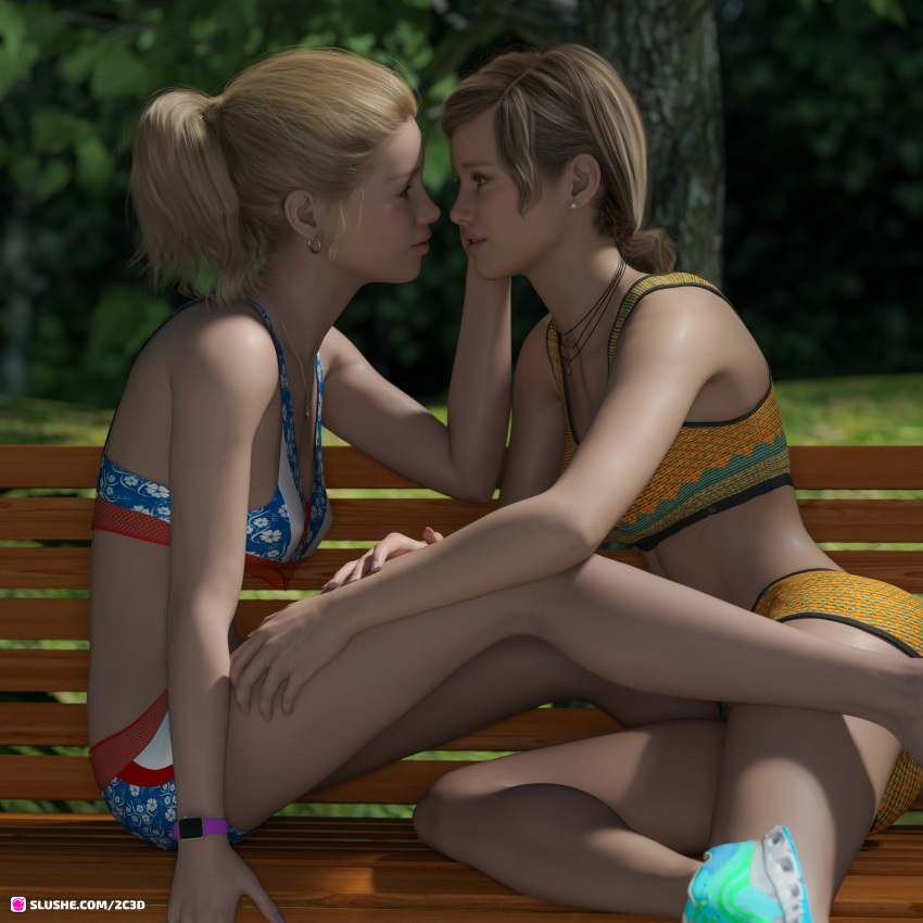 2021 2c3d 2girls 3d bench blonde_hair brown_hair clothed clothing female female_only medium_breasts multiple_girls necklace outdoor outdoors outside park public public_park seated sitting small_breasts yuri