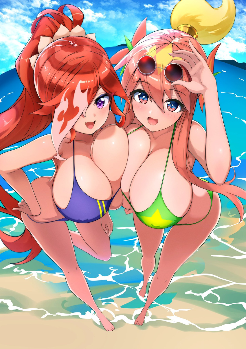 2girls barefoot beach bikini breast_to_breast duel_masters gigantic_breasts glenglassaugh hand_on_glass high-angle_view looking_at_viewer nipple_bulge one_arm_up playful playful_smile rafululu_love,_acoustic_dragon_elemental smile sunglasses_on_head thick_thighs wide_hips