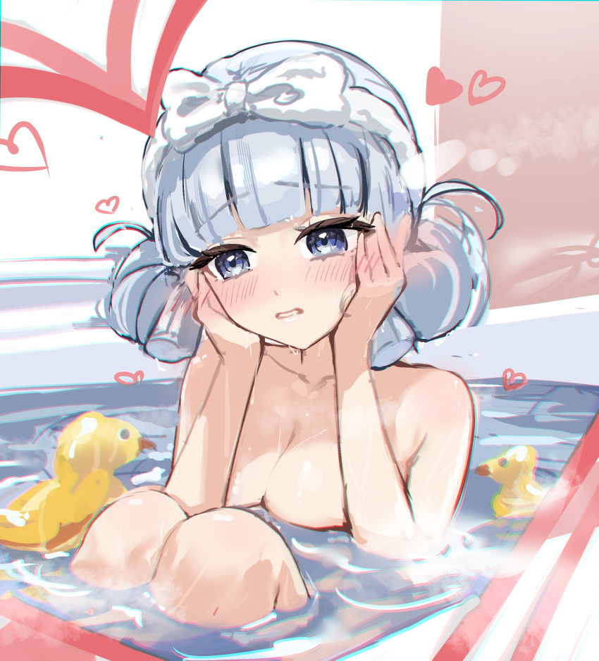 absurdres alternate_hairstyle bath blue_eyes blue_hair blunt_bangs blunt_tresses blush double_bun genshin_impact hair_bun hair_ribbon highres kamisato_ayaka light_blue_hair moti11kkk29 nude ribbon rubber_duck simple_background solo_female tress_ribbon