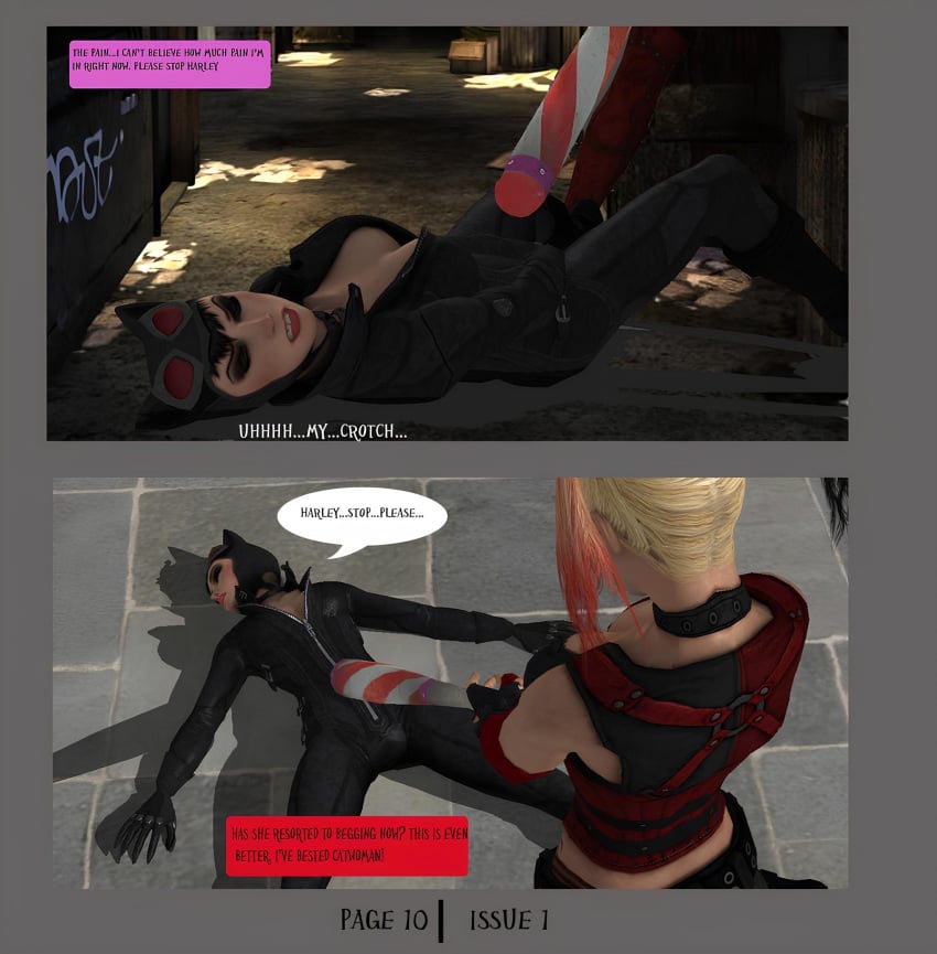 2girls 3d alstair2 batman:_arkham_city batman_(series) catwoman catwoman_(arkham) catwoman_(arkham_city) comic comic_page cuntbusting dc dc_comics harley_quinn harley_quinn_(arkham) harley_quinn_(arkham_city) low_blow multiple_girls selina_kyle