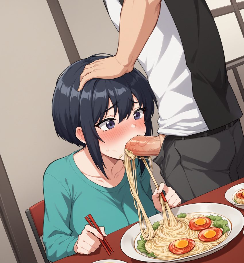 1boy 1girls ai_generated black_and_white_clothing black_hair blowjob_while_eating blue_eyes blue_shirt blush blush_lines blushing blushing_female boy_on_girl chopsticks cock dick fellatio fellatio_while_eating food food_in_mouth forced_oral grey_shorts human human_only human_penetrating humanoid humanoid_genitalia humanoid_hands humanoid_penis male_on_female male_penetrating_female mouth mouth_open oral oral_insertion oral_penetration original penis penis_in_mouth ramen