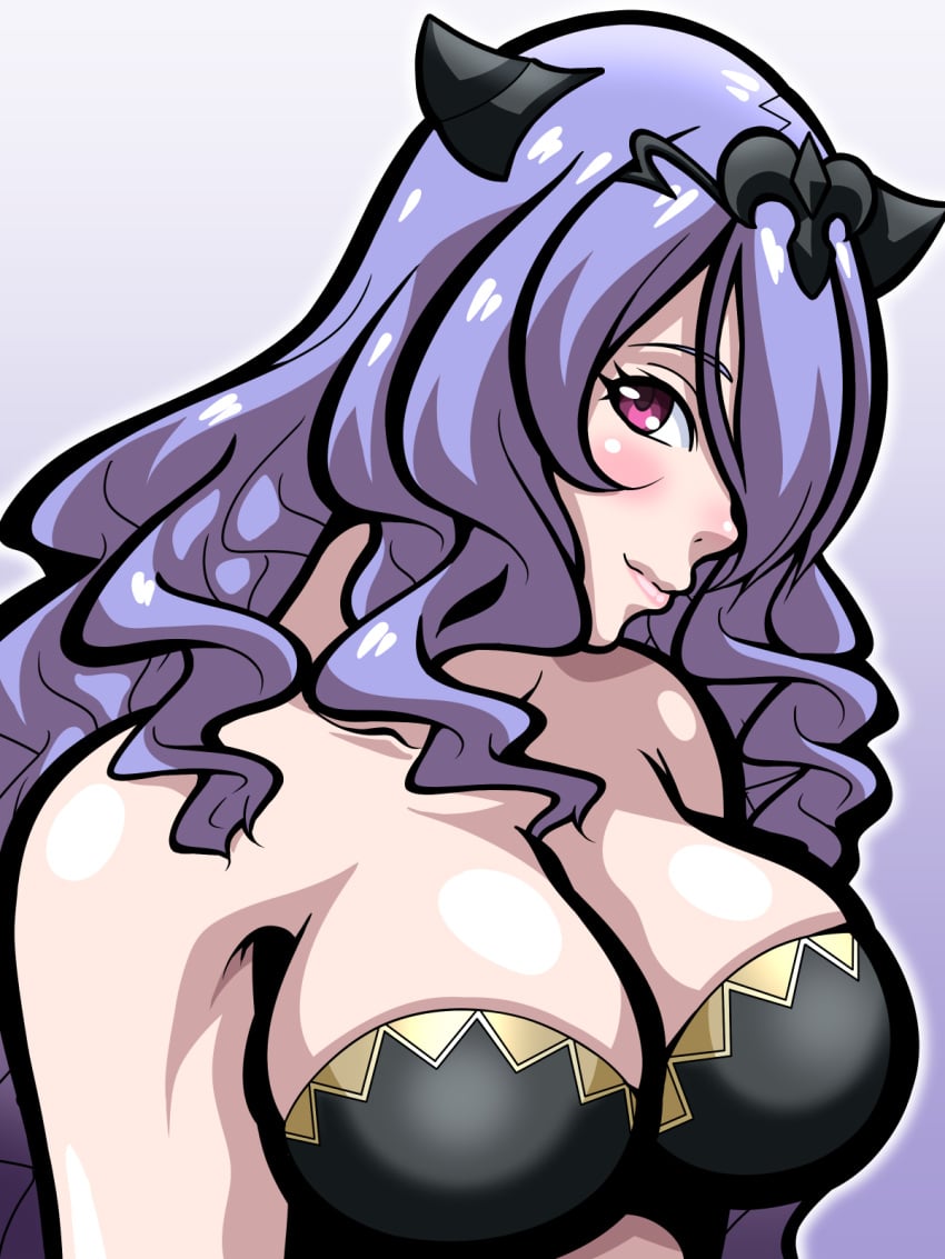 1girls bare_shoulders blush bra breasts camilla_(fire_emblem) cleavage female female_only fire_emblem fire_emblem_fates gradient_background hair_over_one_eye horns inabakun00 large_breasts looking_at_viewer nintendo pink_eyes purple_background purple_hair shoulders smile solo underwear upper_body