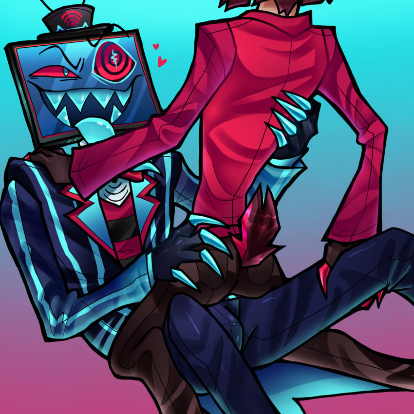 2boys alastor_(hazbin_hotel) boy_on_top bulge bulge_through_clothing clothed deer_ears deer_legs deer_tail demon enemies_to_lovers furry gay gripping_thighs hard_on hate_sex hazbin_hotel horny hypnosis mlm penishater63 rivals suit teasing tongue_out tv_head vox_(hazbin_hotel)