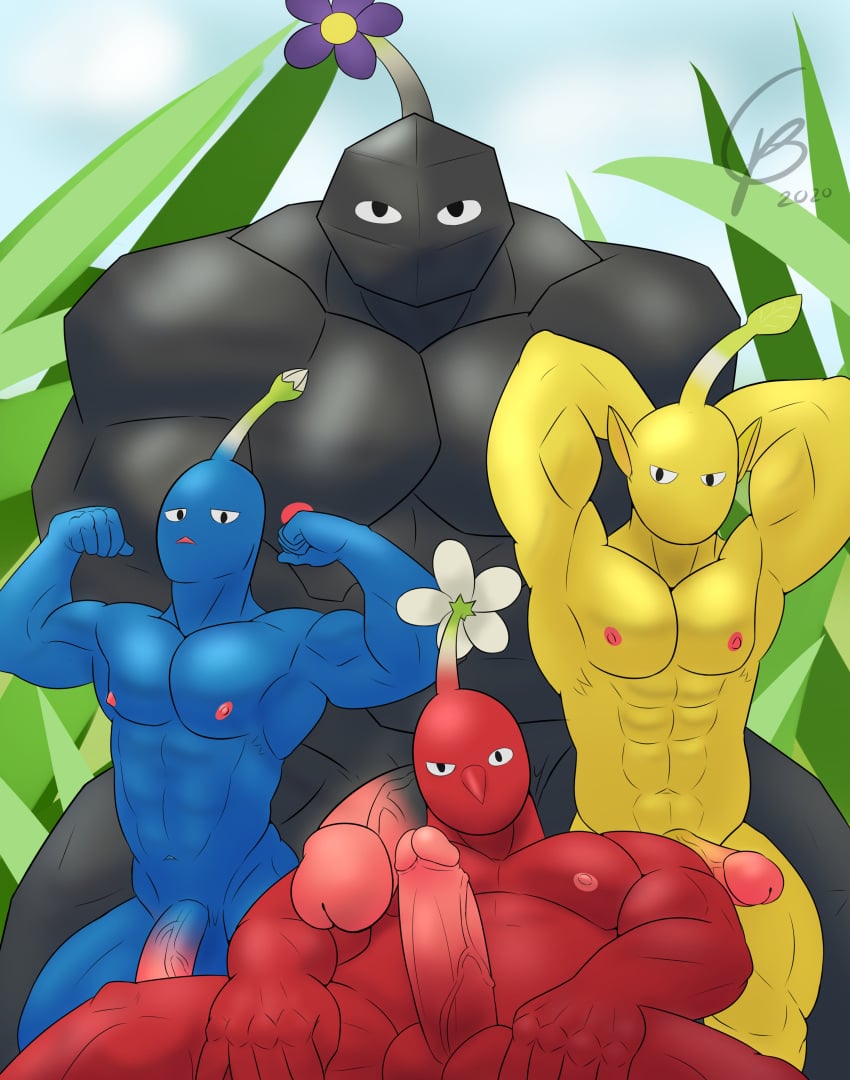 4boys alien big_penis blue_pikmin elemental_creature flower gosui grass huge_cock male_only muscular muscular_male penis_on_shoulder pikmin pikmin_(species) plant_humanoid posing red_pikmin rock_pikmin size_difference yellow_pikmin