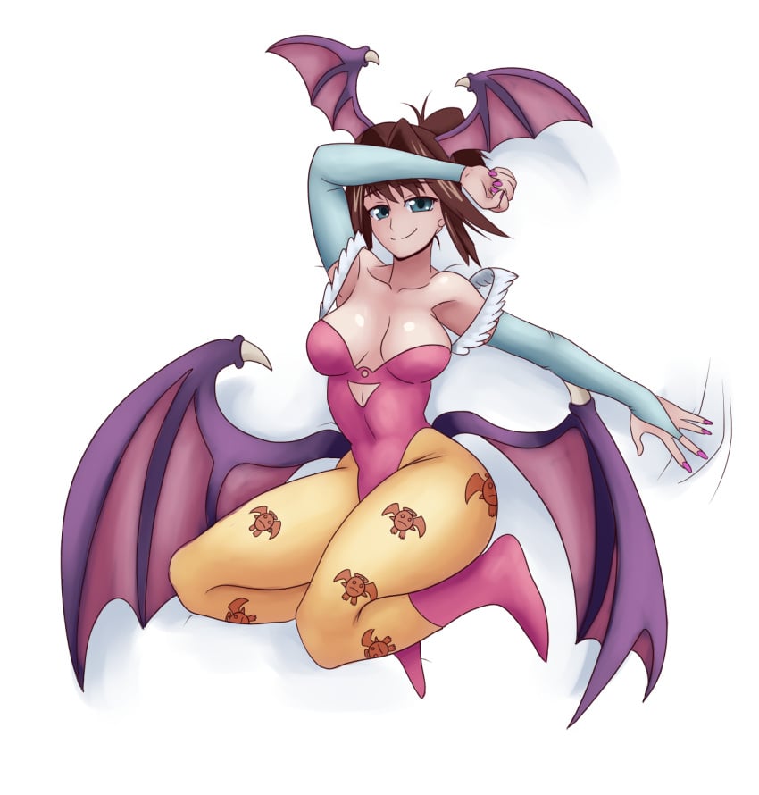 1girls arm_warmers bare_shoulders big_breasts blue_eyes breasts brown_hair cleavage commentary_request cosplay darkstalkers female female_only full_body hand_up head_wings highres large_breasts leotard lilith_aensland_(cosplay) mazaki_anzu morrigan_aensland_(cosplay) nail_polish pantyhose pink_footwear pink_nails print_pantyhose req-uestor solo tea_gardner vampire_(game) wings yellow_pantyhose yu-gi-oh!