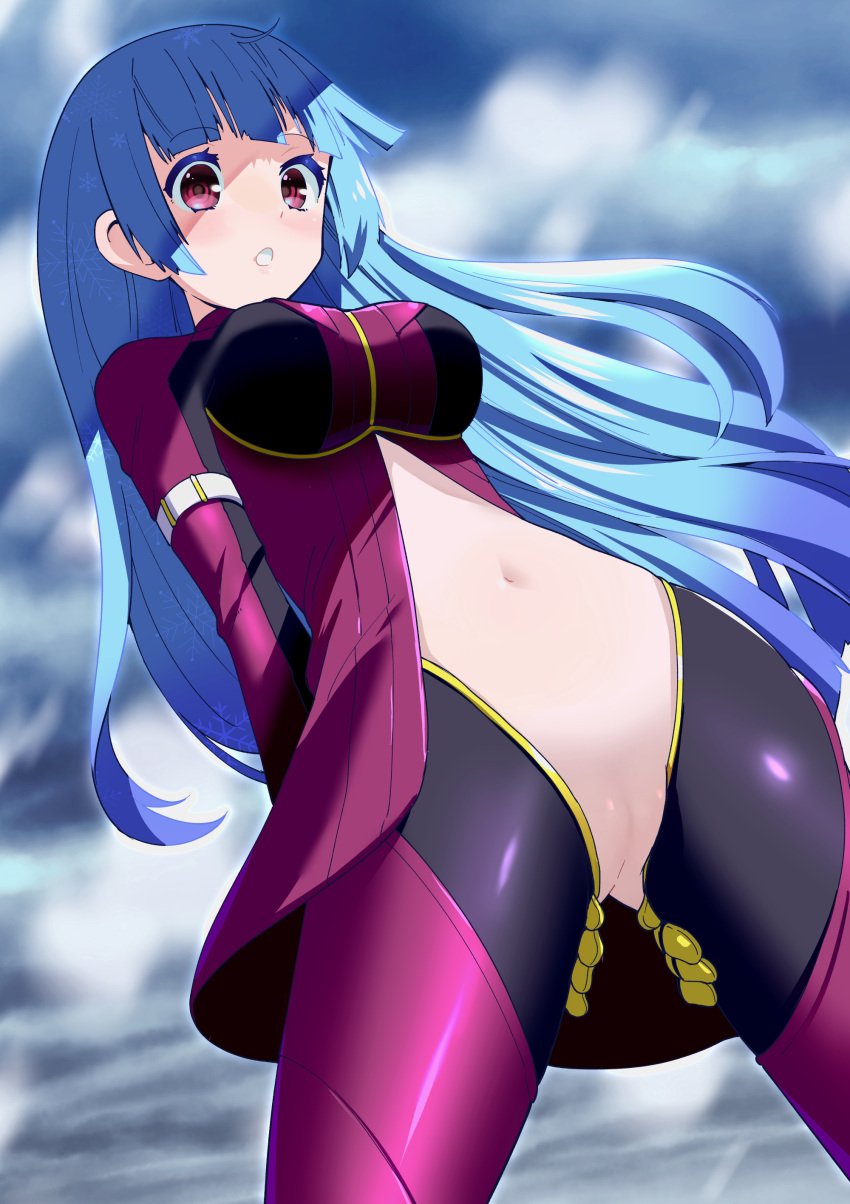 absurdres blue_hair blur_censor blush bodysuit breasts censored chaps covered_navel cropped_jacket female gloves highres kula_diamond large_breasts long_hair looking_at_viewer open_mouth pussy red_eyes solo the_king_of_fighters the_king_of_fighters_2000 toku_sonchou zipper