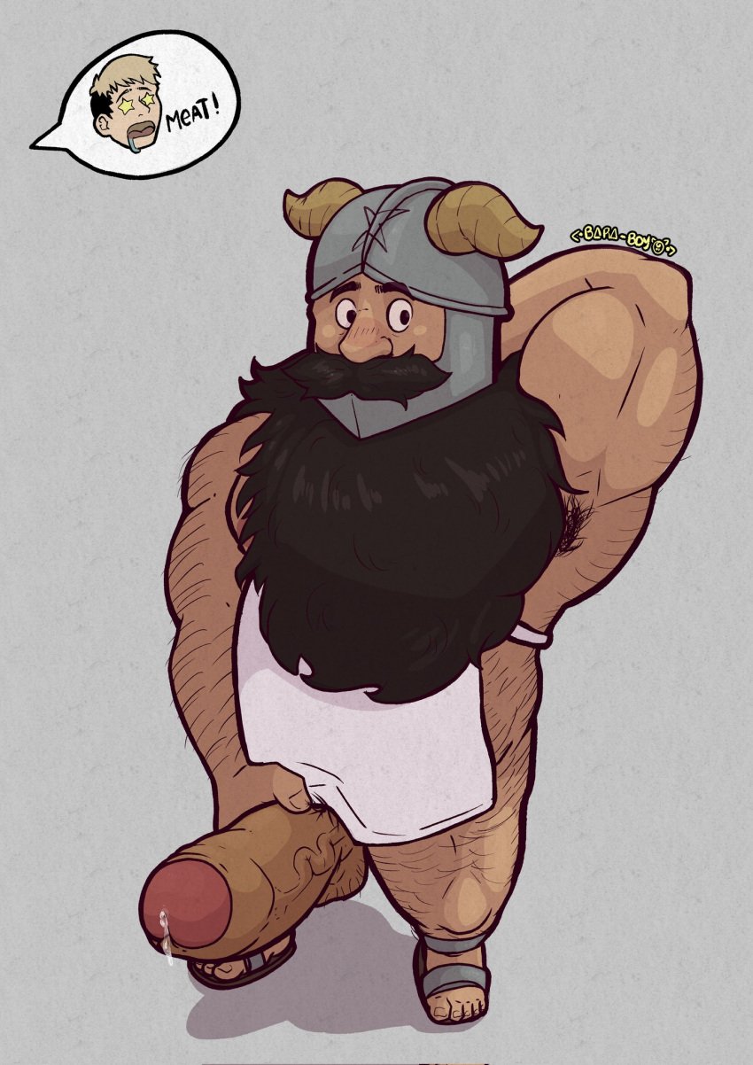 apron armpit_hair balls baraboy beard big_penis black_hair boner delicious_in_dungeon dungeon_meshi dwarf erection facial_hair hand_behind_head helmet male male_only penis senshi_(dungeon_meshi) solo solo_male