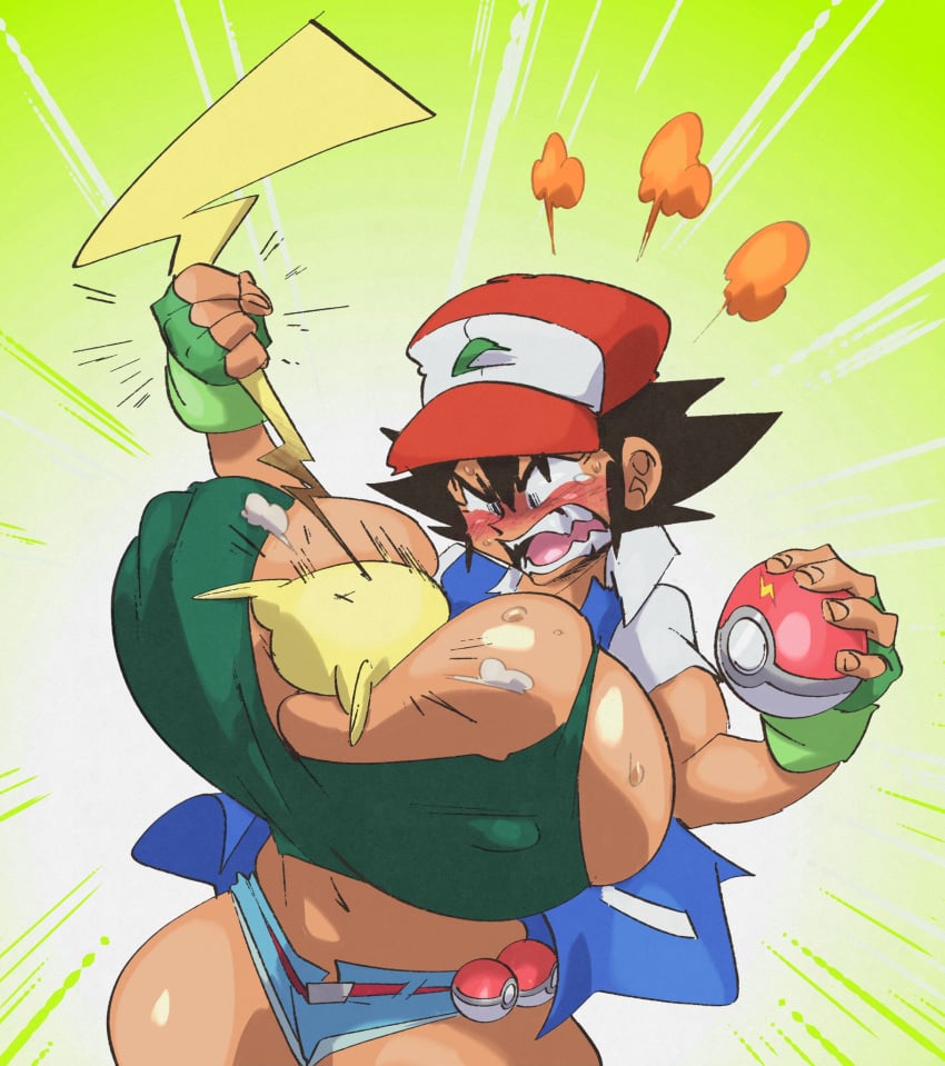 1girls angry ash_ketchum between_breasts big_breasts black_hair blue_eyes blush breasts busty cleavage female genderswap_(mtf) grabbing grabbing_tail huge_breasts large_breasts nintendo nipple_bulge pikachu pokémon_(species) pokeball pokemon pokemon_(species) rule_63 satoshi_(pokemon) slb thick_thighs thighs wide_hips