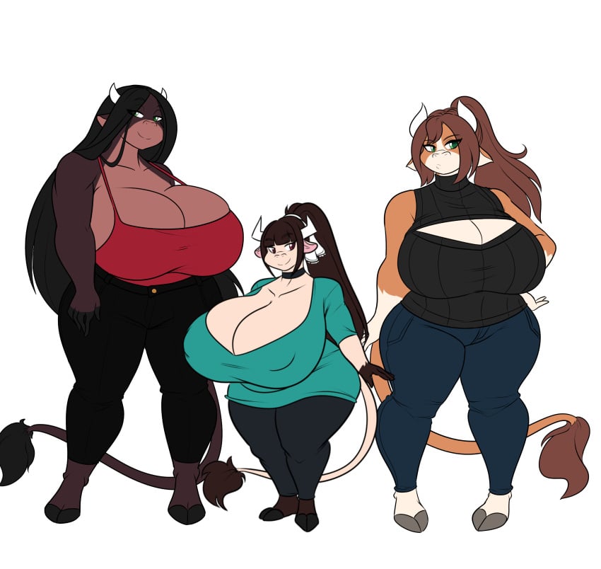 3girls abby_(jwinkz) artjwink bbw big_breasts black_choker black_hair black_jeans blue_jeans boob_window brown_hair choker cleavage_window cow_ears cow_girl cow_horns cow_tail furry furry_only green_eyes green_shirt hand_on_hip hooves jeans jwinkz keyhole_turtleneck large_ass large_breasts large_thighs light_brown_hair long_hair ponytail red_eyes shortstack size_difference sleeveless_sweater smile smiling summer_(jwinkz) thick_thighs topwear turtleneck turtleneck_sweater violet_(jwinkz) wide_ass wide_hips