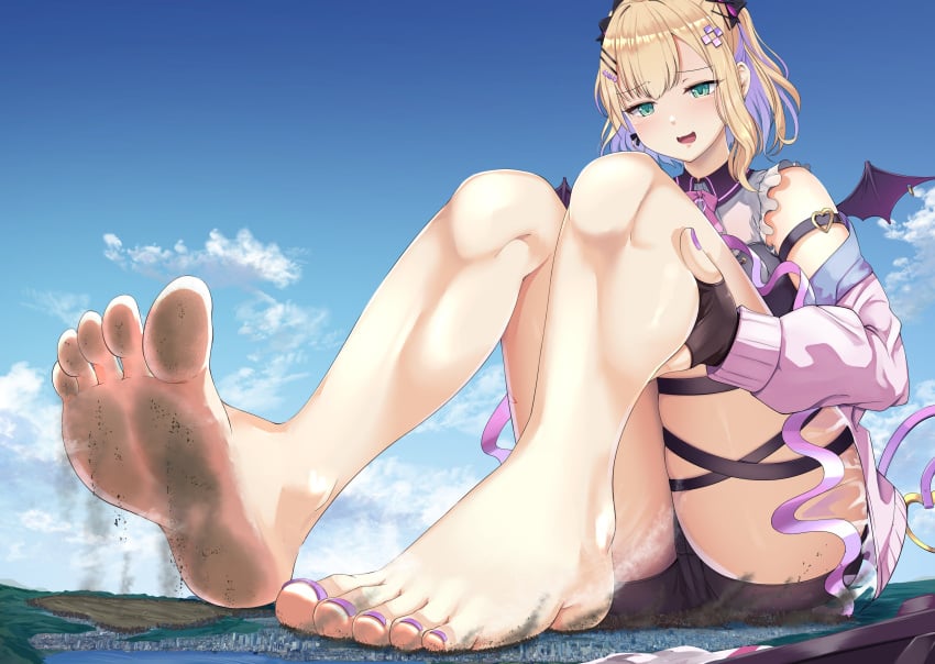 1girls alternate_version_available barefoot bat_wings blonde_hair city curious destruction detailed_background dirty_feet feet feet_focus feet_up female giantess green_eyes kurumi_noah lien mountain purple_nails purple_streak sequence shoes_removed streaked_hair virtual_youtuber vspo!