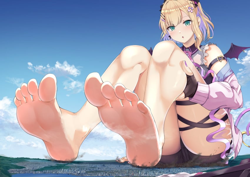 1girls barefoot bat_wings blonde_hair city curious destruction detailed_background feet feet_focus feet_up female giantess green_eyes kurumi_noah lien mountain purple_nails purple_streak shoes_removed streaked_hair virtual_youtuber vspo!