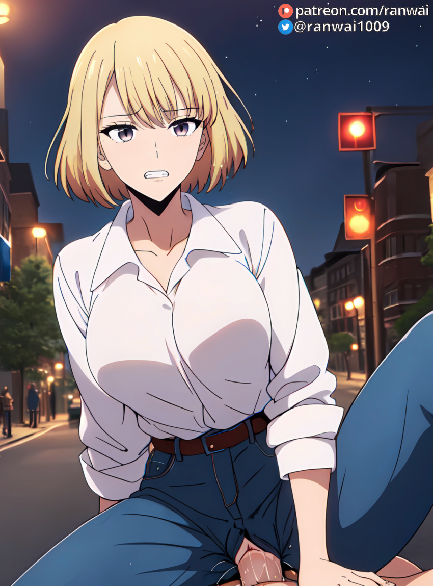 ai_generated blonde_hair cha_hae_in cowgirl_position jeans large_breasts ranwai sex shirt solo_leveling stable_diffusion webtoon