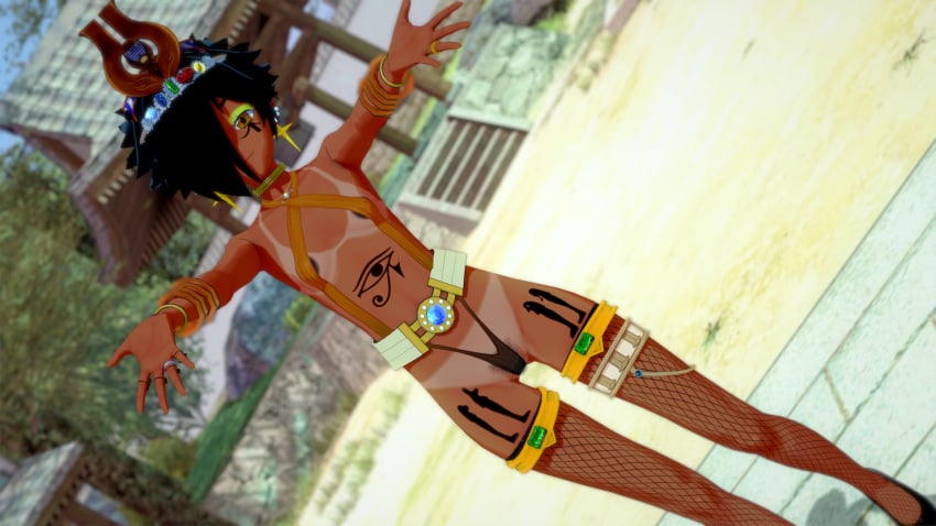 3d blurry blurry_background body_markings crown cute dark-skinned_female egyptian emerald_(gem) eye_of_horus goldieecchi jewelry koikatsu oc original original_character pose ruby_(gem) sapphire_(gem) shrine stockings temple