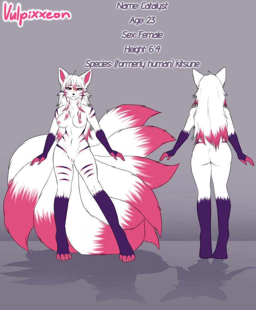 absurd_res anthro ass big_breasts big_butt breasts canid canine catalyst_(fortnite) catalyst_reality_69420_(dracothegolden) english_text epic_games female fortnite fox front_view fur fur_markings genitals gloves_(marking) grey_background hair hi_res leg_markings long_hair looking_at_viewer mammal markings model_sheet multi_tail muscular nipples pink_body pink_eyes pink_fur pink_hair pussy rear_view shadow simple_background smile socks_(marking) solo tail text thick_thighs vulpixxeon watermark white_body white_fur white_hair