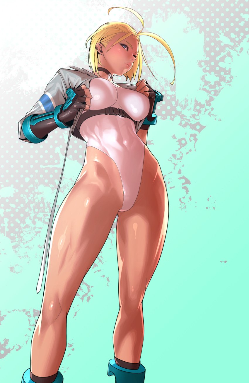 1girls abs balls ballsack black_pants blonde_hair blue_eyes blue_shoes breasts cammy_white clothed clothing collar female female_only gloves highres human leotard light-skinned_female light_skin lips low-angle_view partially_clothed short_hair showing_breasts showing_penis solo street_fighter street_fighter_6 tan tomoyuki_kotani uncensored white_jacket