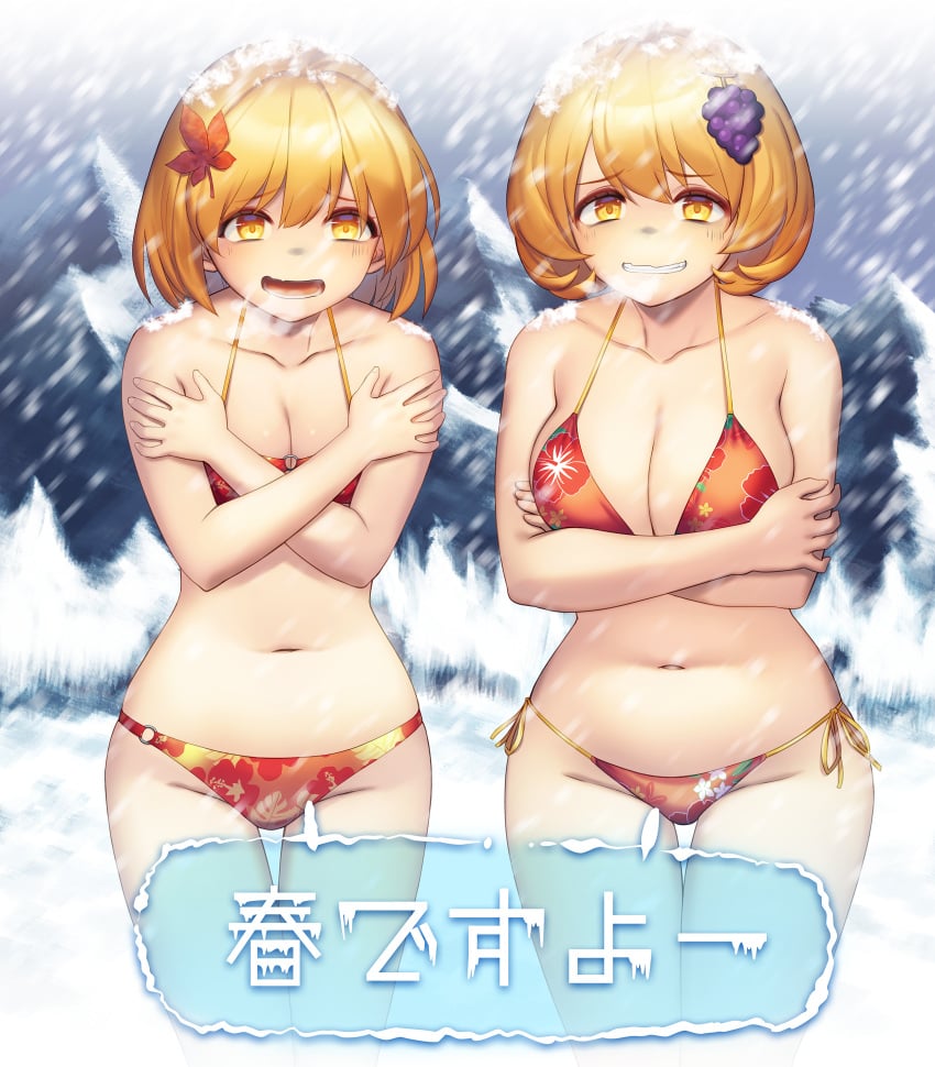 2girls absurdres aki_minoriko aki_shizuha bikini blonde_hair bob_cut breasts cold female food-themed_hair_ornament goddess grape_hair_ornament hair_ornament highres japanese_text large_breasts leaf leaf_hair_ornament maple_leaf minoriko_aki navel no_humans older_female shizuha_aki short_hair sisters snow snowing swimsuit tarmo touhou translation_request winter yellow_eyes