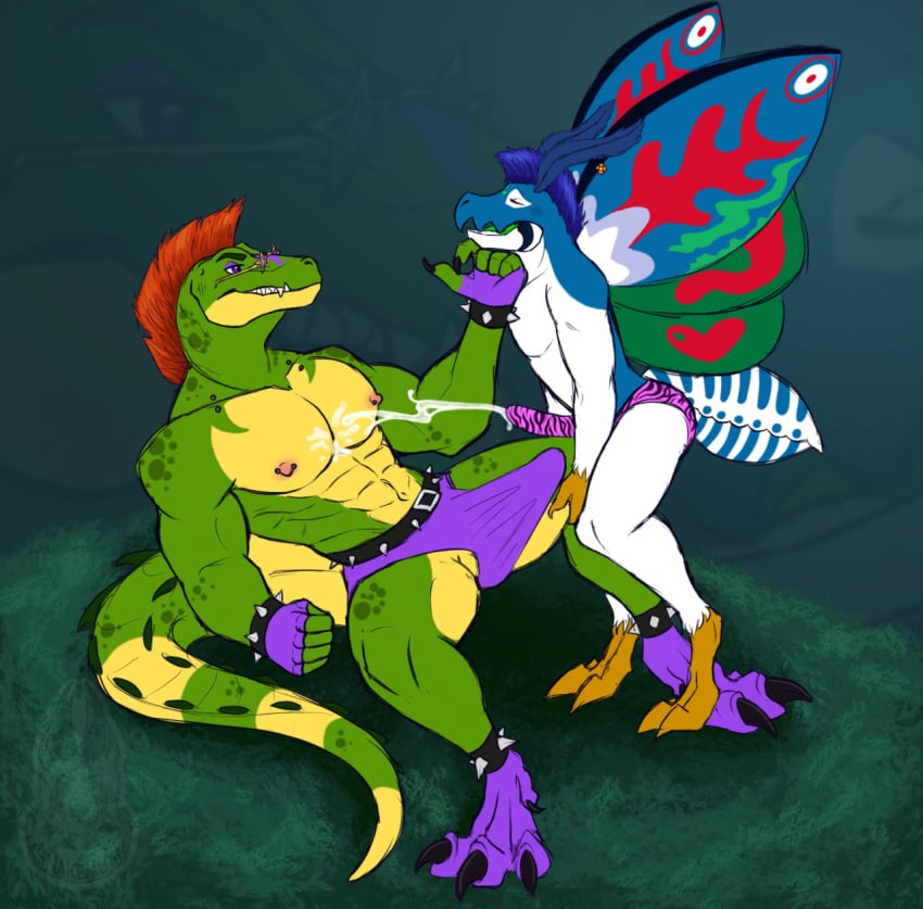 alligator_tail animatronic anthro background biceps body_markings boner cum cum_drip cum_on_body cumming cumming_through_clothing erection facial_markings five_nights_at_freddy's five_nights_at_freddy's:_security_breach fnaf green_body lighting_bolt machine male male/male male_dominating_male male_domination male_only mohawk mohawk_(hairstyle) montgomery_gator_(fnaf) muscular muscular_anthro muscular_arms muscular_male muscular_thighs non-human non_mammalian_nipples pink_glans red_hair reptile reptile_humanoid robot robot_humanoid scottgames simple_background spiked_bracelet spotted_body tail tail_markings tattoo two_tone_body two_tone_fur