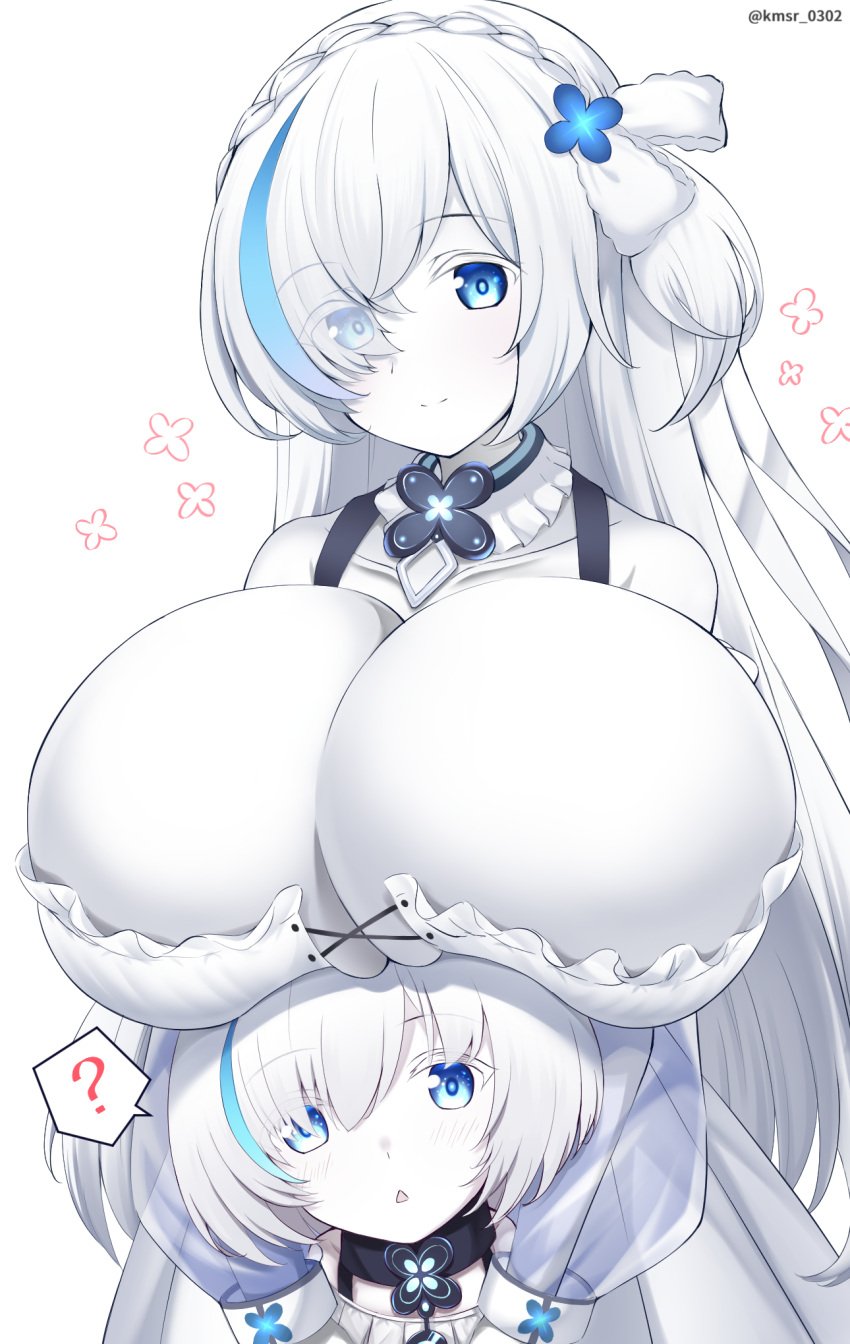 2girls ? alternate_breast_size azur_lane bare_shoulders big_breasts blue_eyes blue_hair boob_hat braid breasts collarbone colored_skin dress dual_persona gigantic_breasts kamishiro_(rsg10679) kmsr long_hair looking_at_viewer multiple_girls short_hair simple_background tb_(azur_lane) white_background white_body white_dress white_hair white_skin