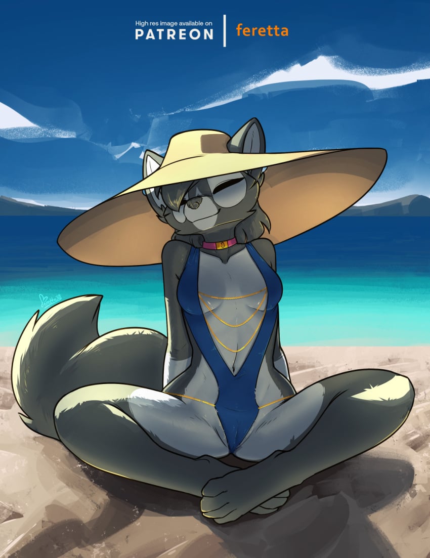 anthro beach camel_toe canid canine cleavage_cutout closed_eyes clothing collar cutout female feretta fox fur grey_body grey_fur hat headgear headwear hi_res mammal red_fox sea silver_fox sitting smile solo spread_legs spreading sun_hat swimwear true_fox vixavil_hayden water