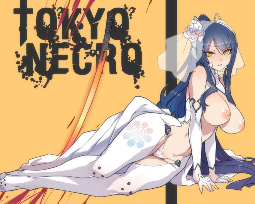 ban blue_hair breasts female gijou_mitsumi large_breasts long_hair nipples on_side solo tagme thong tokyo_necro yellow_eyes