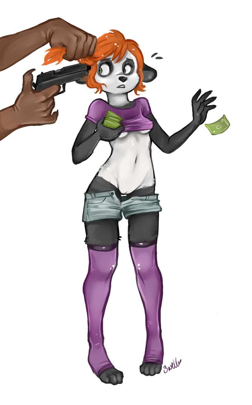 2024 5_fingers absurd_res anthro bear bottomwear bottomwear_down breasts clothed clothing duo ears_down eyebrows feet female fingers full-length_portrait genitals giant_panda green_eyes gun hair hi_res holding_gun holding_object holding_ranged_weapon holding_weapon hotpants imminent_death larger_male latex latex_clothing latex_legwear latex_thigh_highs legwear male mammal money navel offscreen_character orange_hair partially_clothed pivoted_ears portrait pussy raised_inner_eyebrows ranged_weapon shorts shorts_down signature simple_background size_difference small_breasts smaller_female sweltering tagme thigh_highs toeless_thigh_highs toes unzipped_shorts weapon white_background