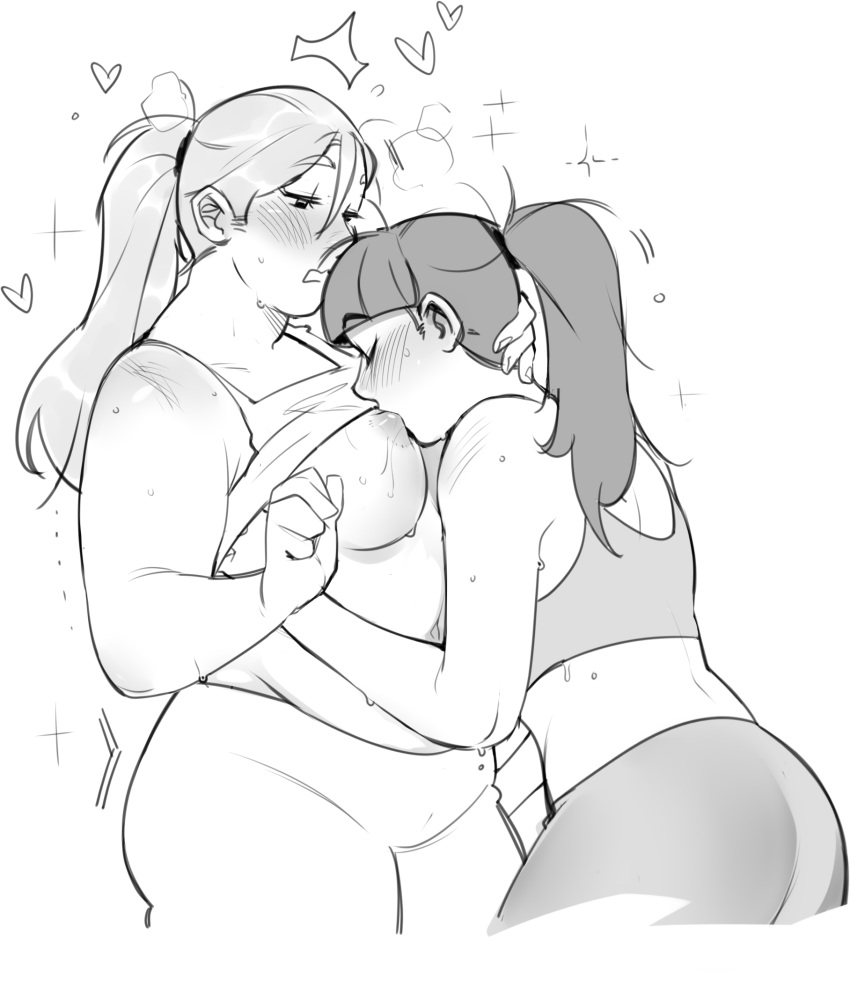 2girls bbw blush breast_sucking breasts chubby chubby_female closed_eyes dachell_art english_commentary fat hair_ornament hair_scrunchie heart highres i_wanna_suck_her_fat_titties_(meme) i_wish_i_had_her_body_(meme) large_breasts long_hair looking_at_another meme monochrome multiple_girls navel original pants ponytail scrunchie simple_background slightly_chubby sparkle sports_bra sweat sweaty sweaty_breasts tight_clothes tight_pants white_background yuri