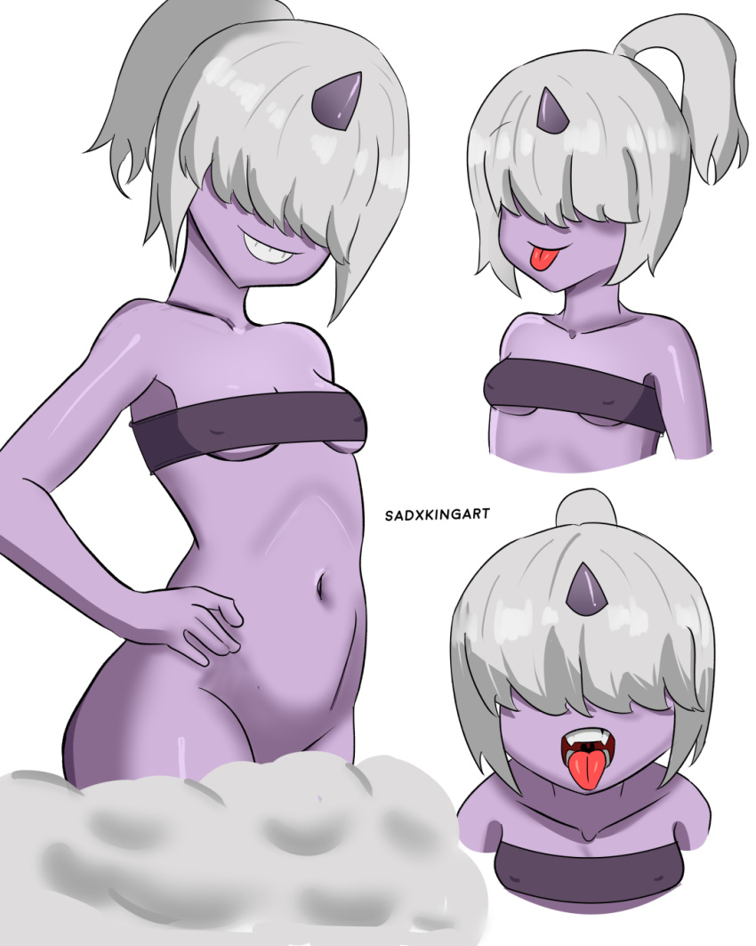 1girls artist_name dazzi_(pal) female female_only horn humanoid no_visible_genitalia pal_(species) palphilia palworld pocketpair ponytail purple_body purple_skin sadxkingart small_breasts smiling_at_viewer solo teeth tongue tongue_out toony white_hair