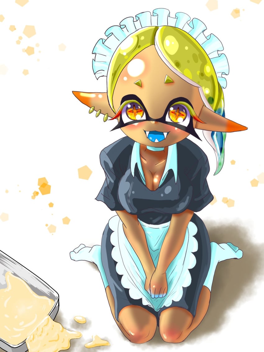 1girls 2024 black_eyelashes blue_tongue dark-skinned_female dark_skin digital_media_(artwork) ear_piercing frye_(splatoon) frye_onaga hi_res inkling looking_at_viewer maid maid_dress maid_headdress maid_outfit maid_uniform marine marine_humanoid mollusk mollusk_humanoid nintendo open_mouth open_smile pointy_eared_humanoid pointy_ears pseudo_hair sitting sitting_on_floor sitting_on_leg socks solo spilled spilled_liquid splatoon splatoon_(series) splatoon_3 t2ukmyjm trade white_socks yellow_eyelashes yellow_eyes yellow_hair